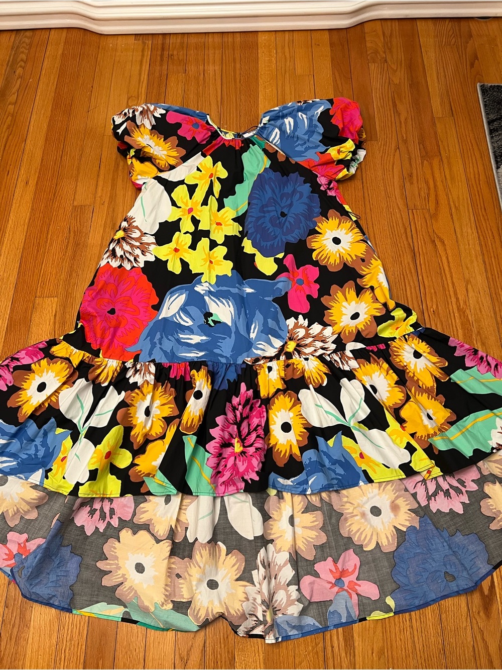 Vibrant Multicolor Floral Hi-Low Dress with Puff Sleeves L - Picture 7 of 15